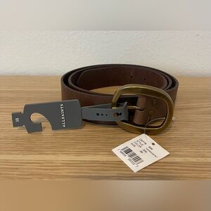 AllSaints Dark Brown Leather Belt with Brass Oval Buckle